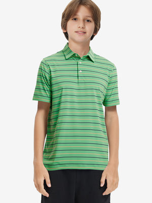 Front upper body of model wearing trendy boys stripe polo shirts, casual fit in green stripe