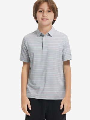 Front upper body of model wearing kids stylish stripe polo shirts, playful stripes with [light grey stripe detail