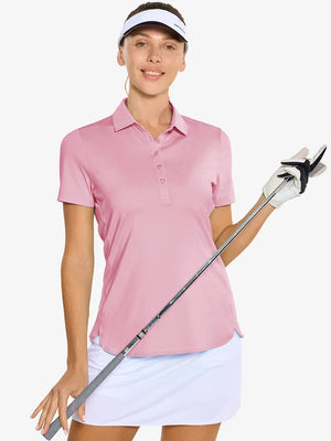 Front half-body of model in PINK Women's Performance Solid Polo holding golf club