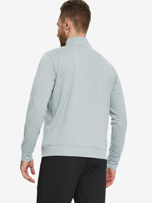 Back view of model wearing quarter zip melange pullover lunar rock melange.