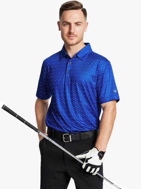 The model wears a star-spangled polo shirt and holds a golf club, showing strong patriotic feelings and modern sports style.