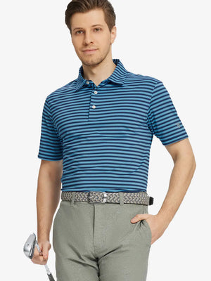 Front half-body shot holding golf club in Navy Blue Yarn Dyed Stripe Polo – timeless and sporty