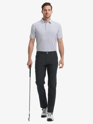 Full-body front shot with golf club, styled in Stretch Plain Everyday Pants – BLACK