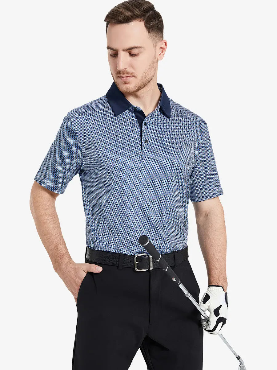 Model shows the bluish umbrella pattern polo shirt, emphasizing its fresh design and comfortable fit.