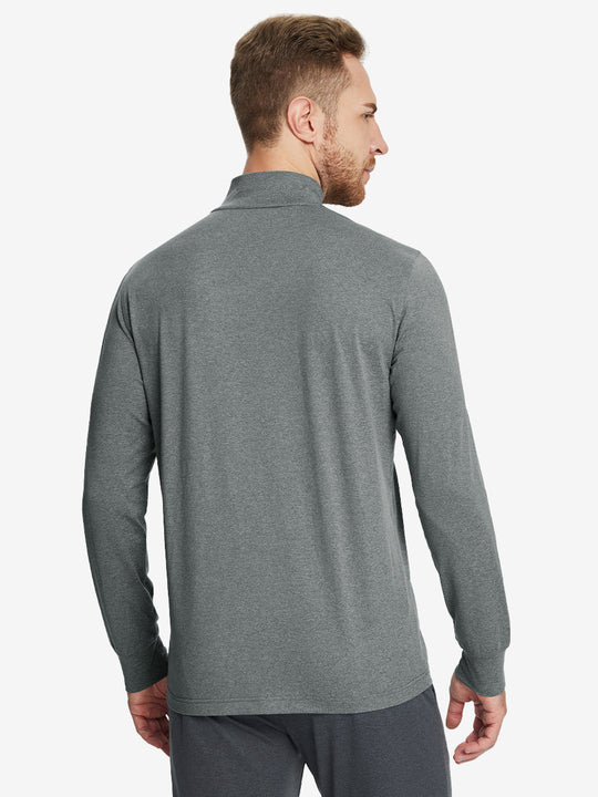 Back angle of Men’s Mock Turtleneck Shirt in Black Grey Heather, model turns head slightly with ease.