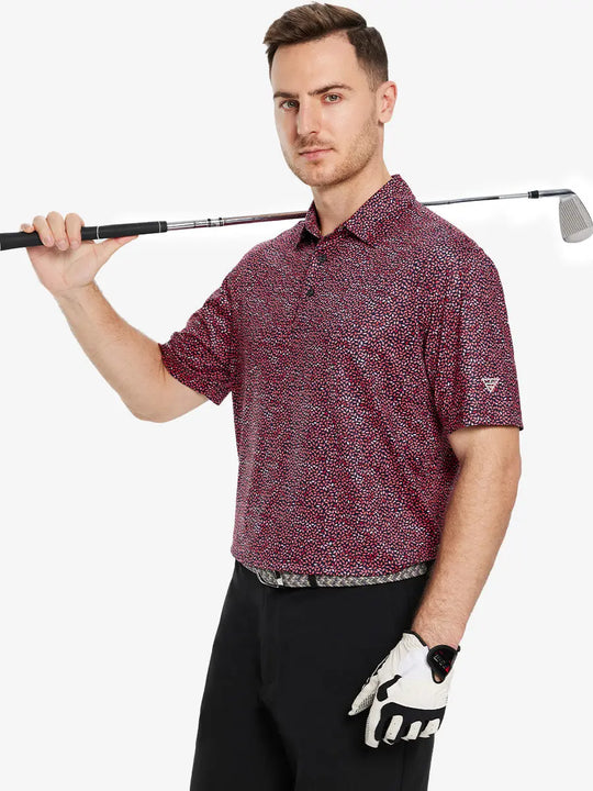 The model shows the front half-length image of the SCARLET OVAL golf polo shirt, paired with a golf club, showing a sporty and elegant temperament