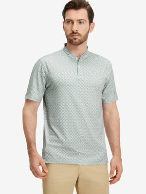Front half-body of model in gray geometric stretch printed collarless henley golf shirts