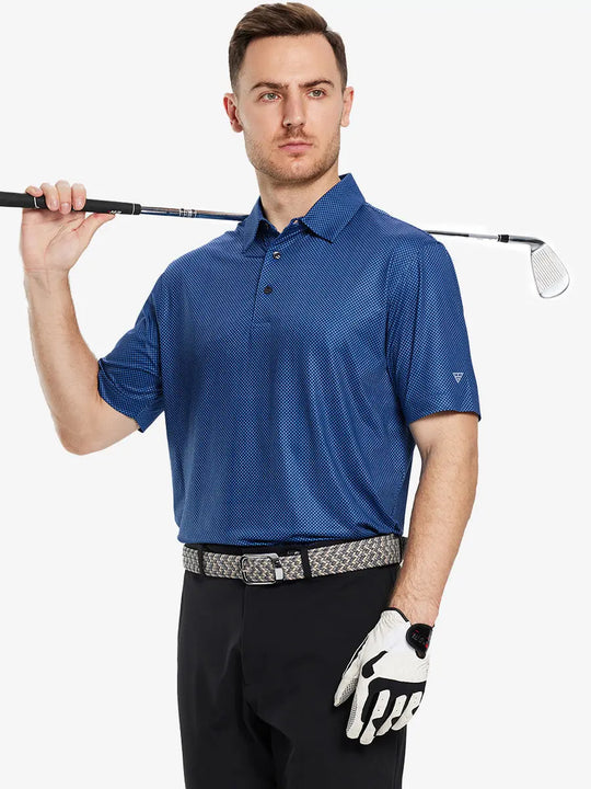 Half-body front view of model holding golf club wearing BLUE CIRCLE Performance Quick Dry Print Golf Polo.