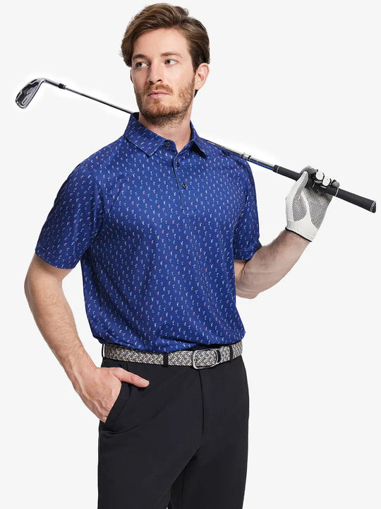 The model displays a vibrant design and sporty vibe wearing a navy blue cocktail polo shirt and holding golf clubs.