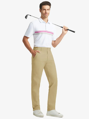 Full front view of model in Water Repellent 8 Pockets Pants KHAKI，ready for golf with club in hand.