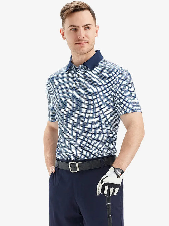 The model wears a navy blue flagpole patterned polo shirt and holds a golf club, showing a combination of classic and patriotic sentiments for golf course wear.