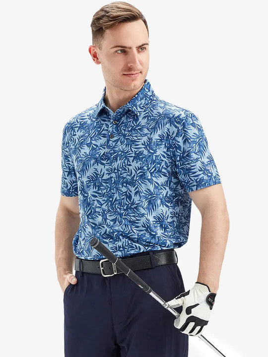 Half-body front view of model holding golf club wearing BLUE LEAF Performance Quick Dry Print Golf Polo.