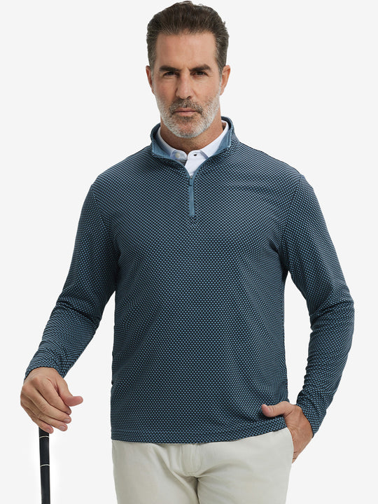 Model holding a golf club wearing jacquard quarter zip pullover in black/blue, sporty and elegant look.