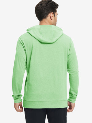 Back upper body view of the light green melange classic heather hoodie, model turns head slightly with ease.
