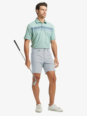 GLACIER GREY 4-way Stretch Performance Solid Shorts, golfer full-body front with club, 7 Inch length