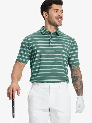 Half-body front view of model holding golf club wearing DARK GREEN STRIPE Performance Yarn Dye Striped Polo