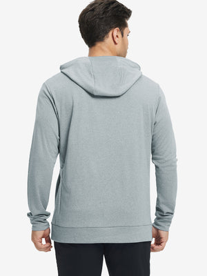 Back upper body view of the lunar rock melange classic heather hoodie, model turns head slightly with ease.