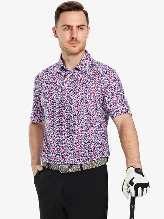 The model shows the front half-length image of the WHITE PATRIOTIC STAR golf polo shirt, paired with a golf club, showing a sporty and elegant temperament
