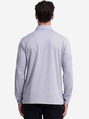 Back upper body of Long sleeve pinstripe jersey polo with subtle grey white stripe lines