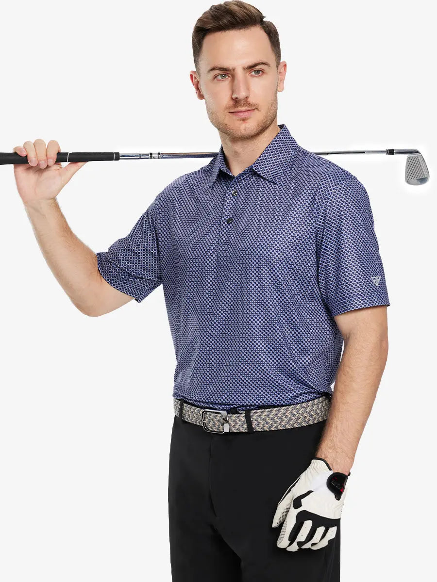 Model shown wearing a navy blue chevron style polo shirt and holding golf clubs, the clean and simple design suits a classic golf style.