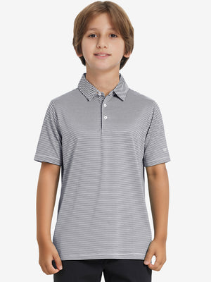 Front half-body shot of youth in navy stripe performance cooling polo, highlighting design and fit