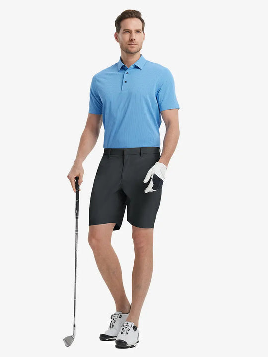 Full-body front shot of model holding golf club, wearing Player Fit Versatile Solid Shorts 9 Inch – DARK GREY