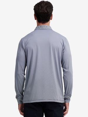 Back upper body of Long sleeve pinstripe jersey polo with subtle navy stripe lines