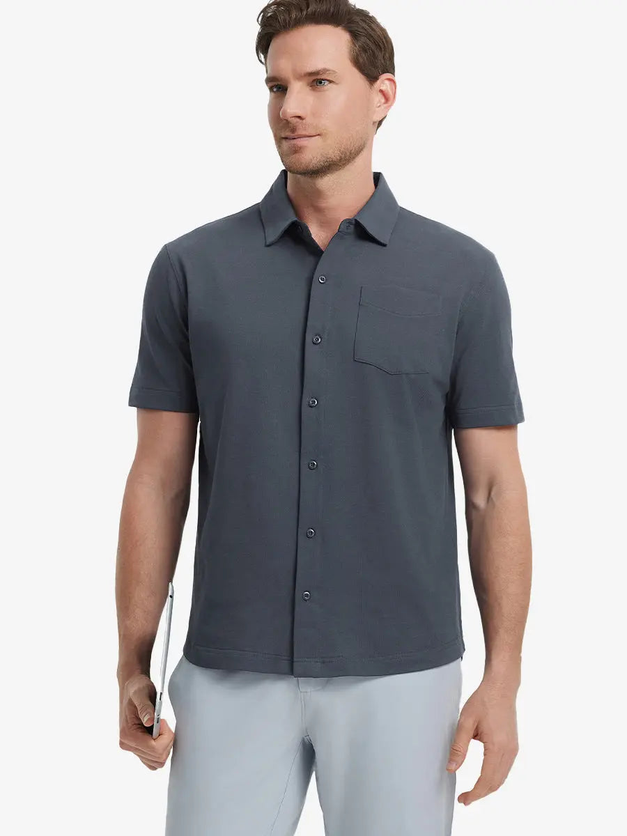 Model half-body front view wearing DARK GREY Cotton Blend Plain Shirt.