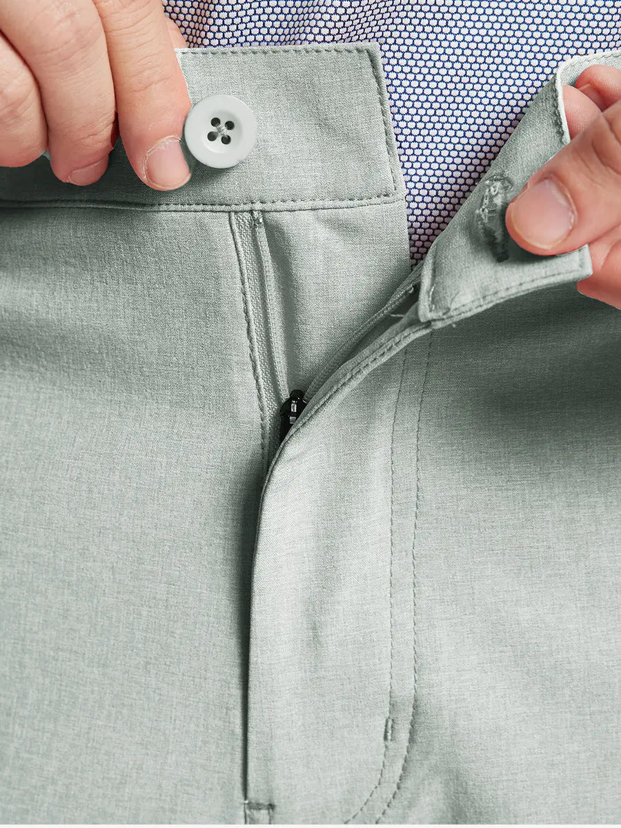 GLACIER GREY 9 Inch Heather Performance Golf Shorts close-up of waistband and button detail