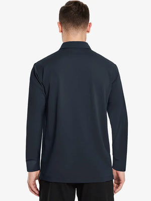 Back view of the dark grey long sleeve pique polo, showcasing its sleek and modern design.