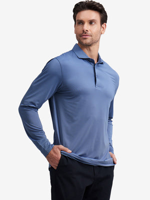 Model front upper body wearing Long sleeve pinstripe jersey polo in sleek blue denim stripe