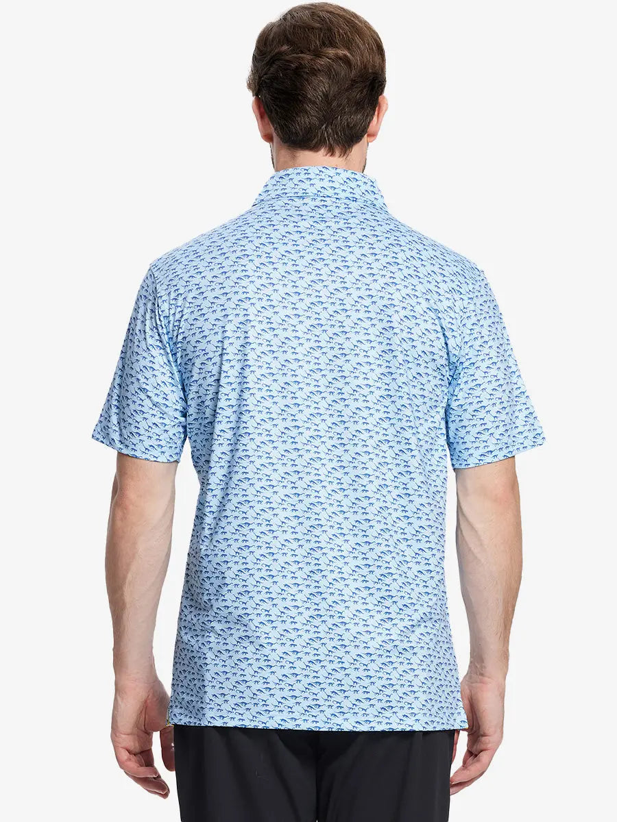 Back half-body view of model in BLUE DINOSAUR Performance Quick Dry Print Golf Polo.
