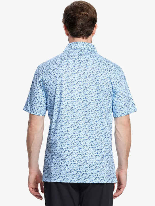 Back half-body view of model in BLUE DINOSAUR Performance Quick Dry Print Golf Polo.
