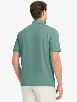 Rear view of Everyday Solid Jersey Polo in BERYL GREEN, highlighting clean back fit on model.