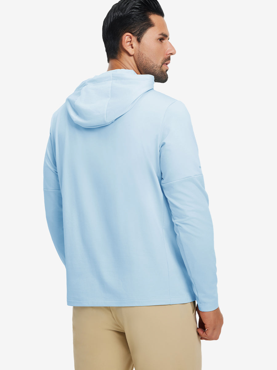 Back upper view of model wearing casual solid fleece hoodies pullover in light blue, showing smooth seams.