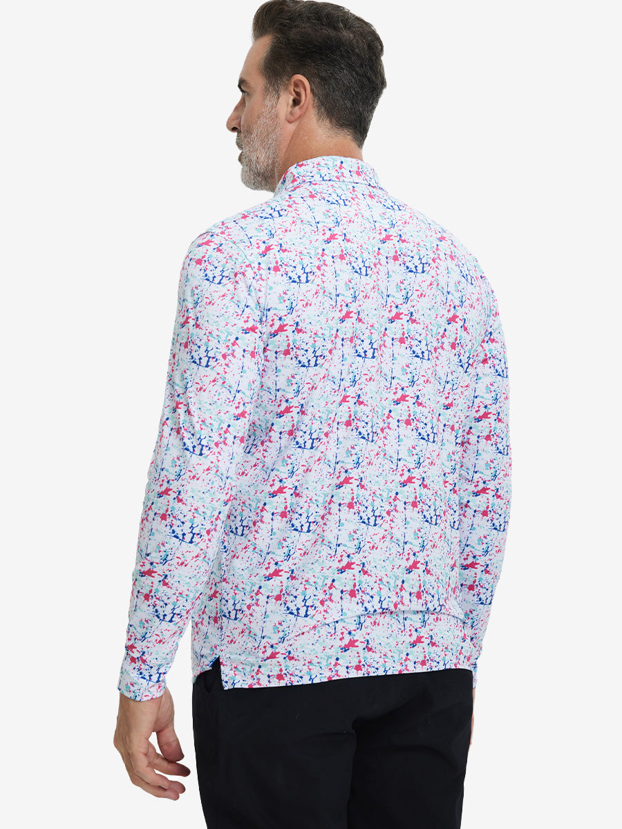 Back upper body view of the lightweight print polo in white painting, model turns slightly with relaxed pose.