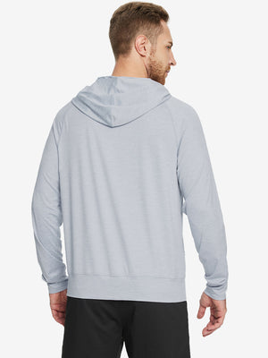 Back angle of the Faded Denim Heather Quarter Zip Hoodie, model turns head slightly for a relaxed look.