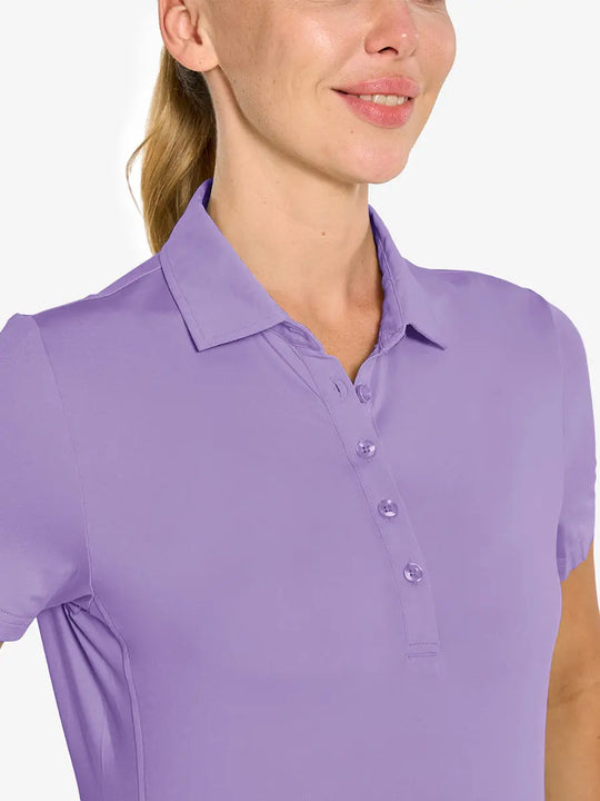 Close-up front view from nose to chest in LILAC Women's Performance Solid Polo