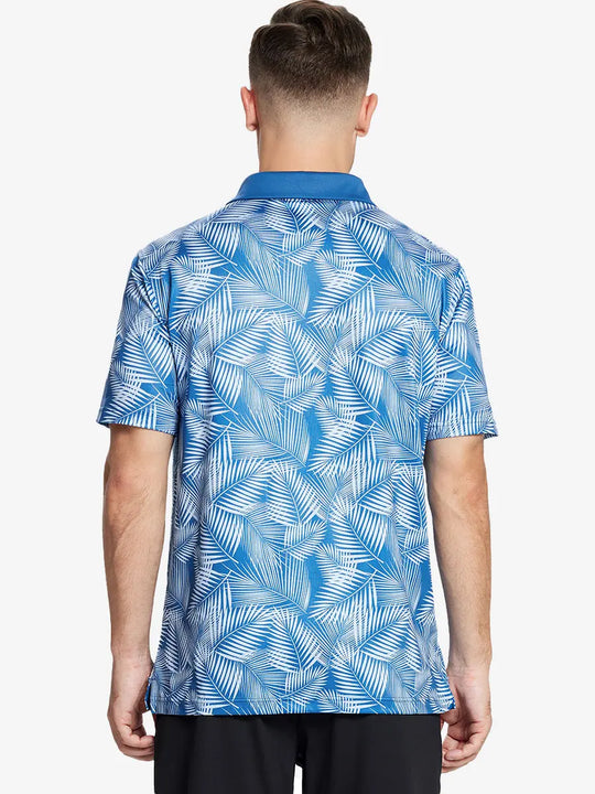 A half-body view of the back showcases a light blue leaf-patterned model polo shirt in a relaxed, casual design suitable for a mildly sporty look.