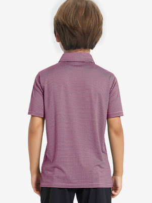 Back half-body view of youth wearing pink blue stripe performance cooling polo, showing rear design