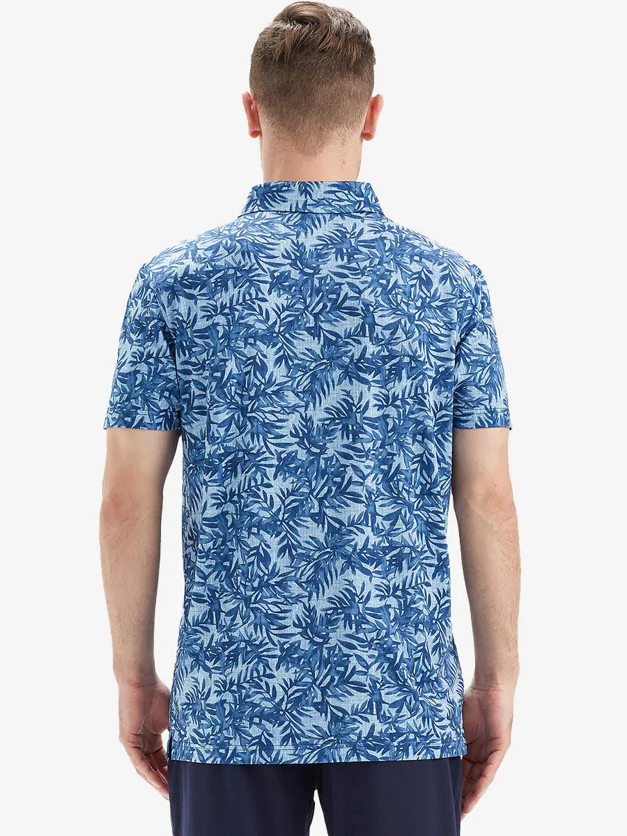 Back half-body view of model in BLUE LEAF Performance Quick Dry Print Golf Polo.