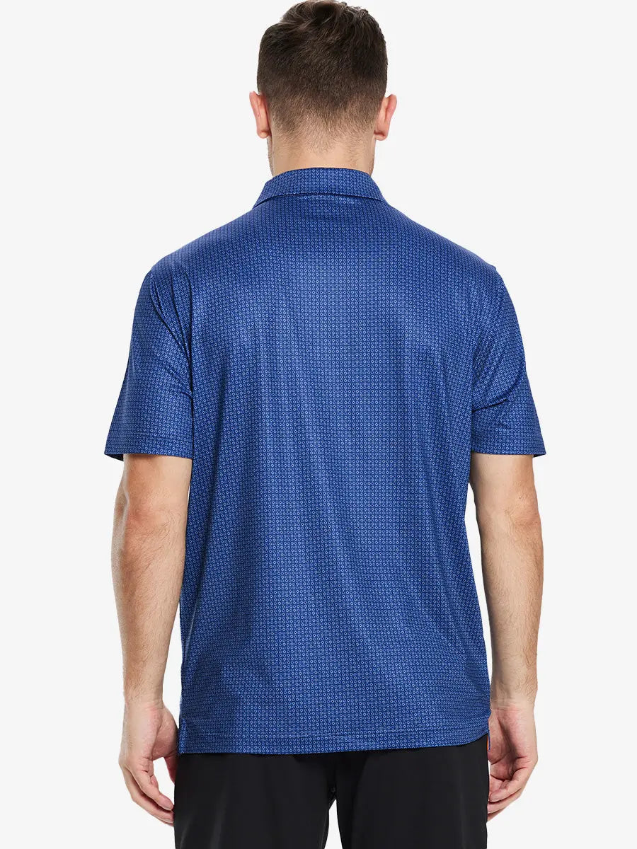 Model shown from the back wearing the dark blue load pattern polo, emphasizing its classic style and sporty fit.