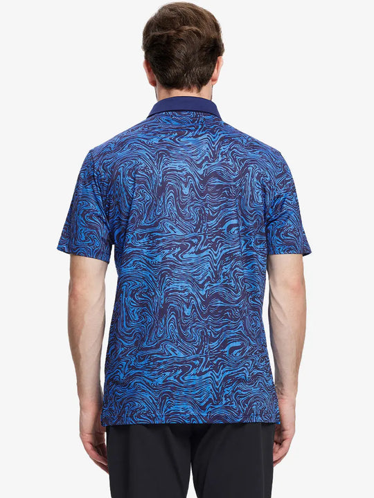 A half-body view on the back showcases the navy blue swirl patterned polo shirt, highlighting its dynamic design and quick-drying fabric, perfect for golfing occasions.