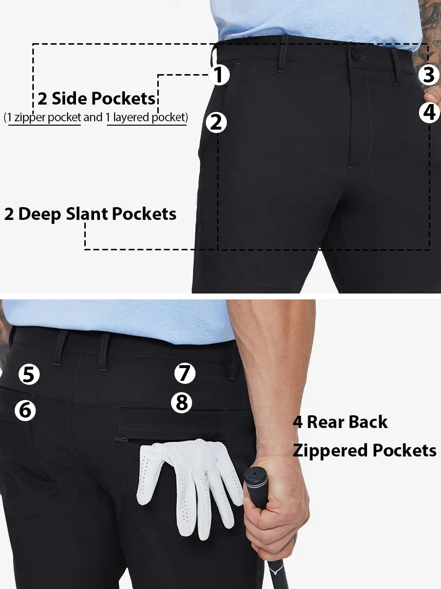 Detail view highlighting all 8 pockets front and back on BLACK Water Resistant Versatile 8 Pockets Shorts.