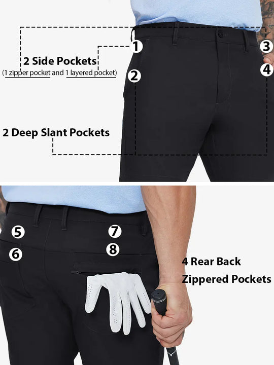 Detail view highlighting all 8 pockets front and back on BLACK Water Resistant Versatile 8 Pockets Shorts.