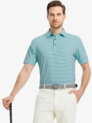 Model in TURQUOISE/NAVY STRIPE Polo holding golf club — sharp and confident