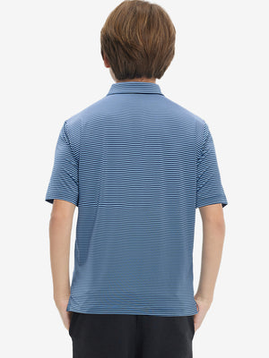 Back half-body view of youth wearing blue denim stripe performance cooling polo, showing rear design