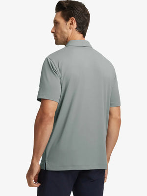 Back half-body view of model in LIGHT GREY Stylish Chest Print Snap Polo