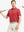Model in RED STRIPE Golf Polo holding club — dynamic front half-body pose