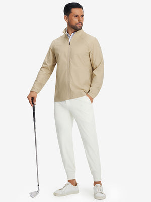 Model holding golf club wearing lightweight water-resistant outerwear jacket, active khaki style